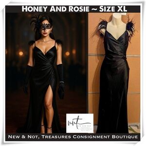 Honey & Rosie ✨ Black Sparkle Faux Wrap Dress Feather Straps Side Slit Size XL